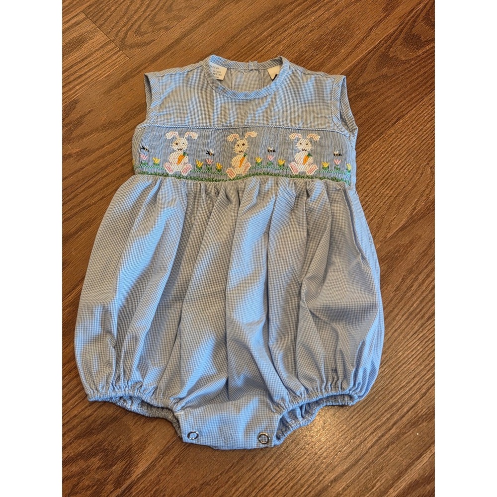 Mother Goose Baby Romper Blue Gingham Smocked Bunny Easter Bubble 3M